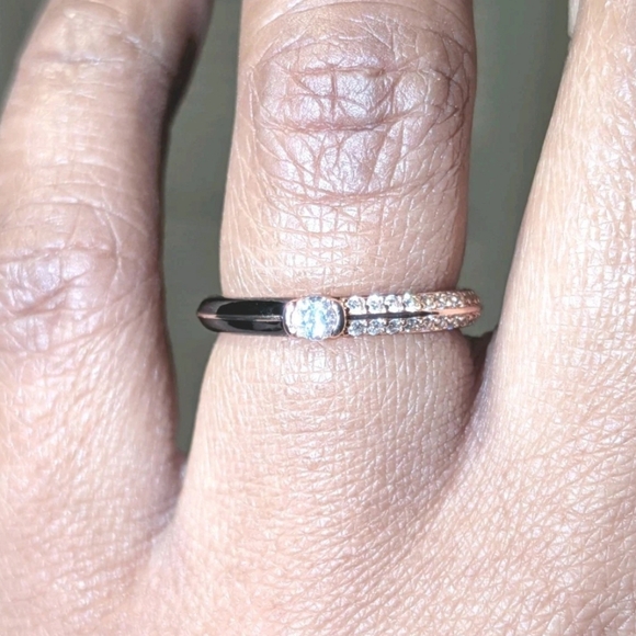 boutique Jewelry - Women's 925 Sterling Silver Pavé BlackGolden Dual Cubic Zirconia Dainty Ring Sz6